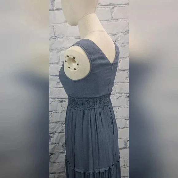 Rebellion Again Ruffled Boho Lace Maxi Dress V-Neck Dark Blue Rayon Y2K Size  XS - Picture 12 of 16